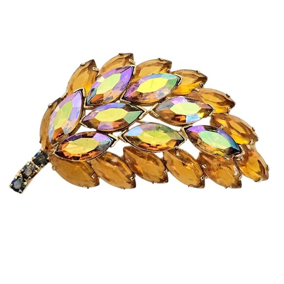 Autumn Gold AB Yellow Rhinestone Leaf Cluster Brooch